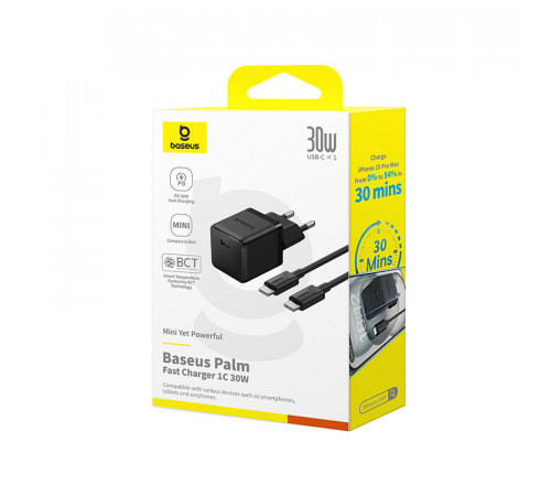 Мережевий зарядний пристрій з кабелем Baseus Palm Fast Charger 1C 30W EU Cluster Black(With: Baseus Mini White Cable C to C 60W(20V/3A) 1m (P10111605113-01)