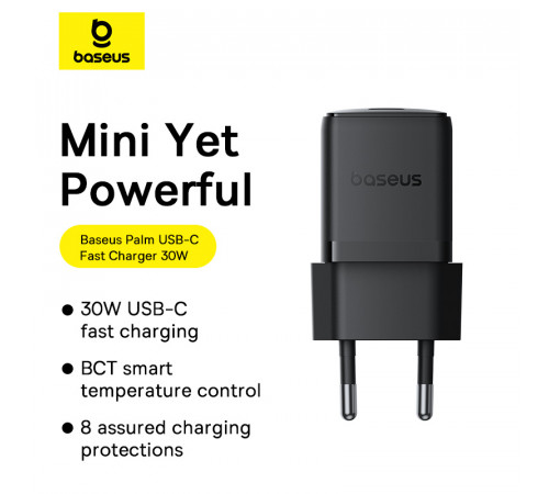 Мережевий зарядний пристрій з кабелем Baseus Palm Fast Charger 1C 30W EU Cluster Black(With: Baseus Mini White Cable C to C 60W(20V/3A) 1m (P10111605113-01)