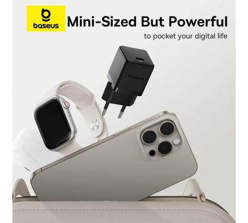 Мережевий зарядний пристрій з кабелем Baseus Palm Fast Charger 1C 30W EU Cluster Black(With: Baseus Mini White Cable C to C 60W(20V/3A) 1m (P10111605113-01)