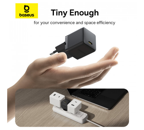 Мережевий зарядний пристрій з кабелем Baseus Palm Fast Charger 1C 30W EU Cluster Black(With: Baseus Mini White Cable C to C 60W(20V/3A) 1m (P10111605113-01)