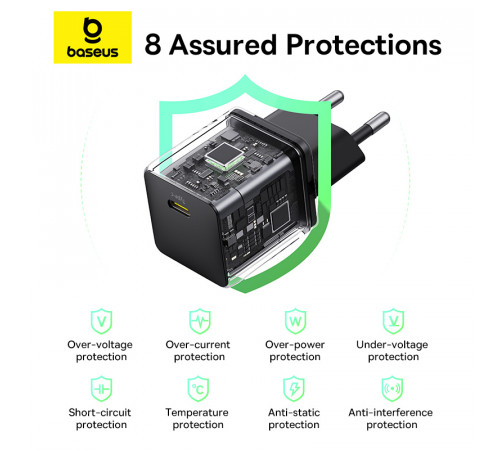 Мережевий зарядний пристрій з кабелем Baseus Palm Fast Charger 1C 30W EU Cluster Black(With: Baseus Mini White Cable C to C 60W(20V/3A) 1m (P10111605113-01)