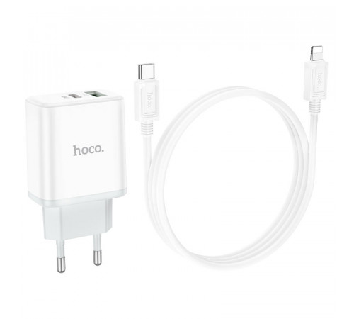 Мережевий зарядний пристрій з кабелем HOCO C105A Stage dual port PD20W+QC3.0 charger set (C to iP)(EU) White (6931474782939)