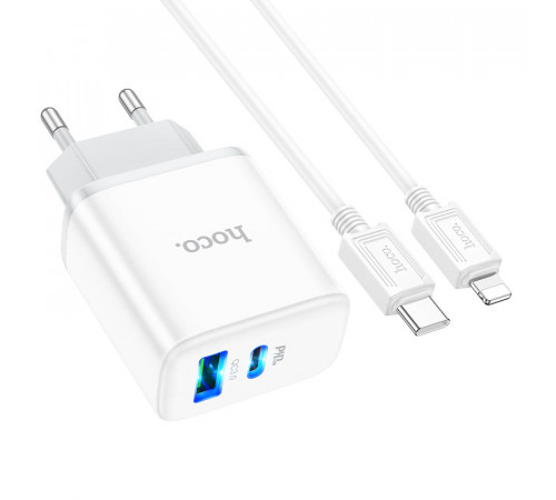 Мережевий зарядний пристрій з кабелем HOCO C105A Stage dual port PD20W+QC3.0 charger set (C to iP)(EU) White (6931474782939)