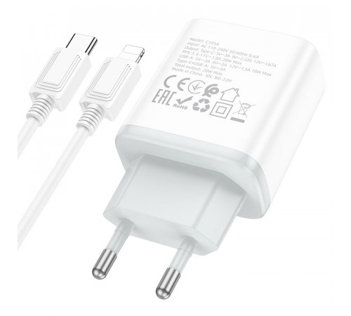 Мережевий зарядний пристрій з кабелем HOCO C105A Stage dual port PD20W+QC3.0 charger set (C to iP)(EU) White (6931474782939)