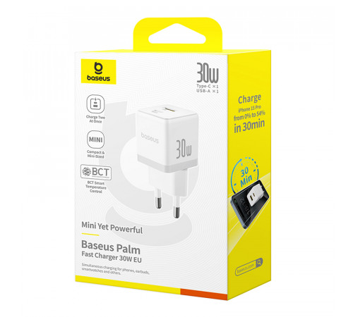 Мережевий зарядний пристрій Baseus Palm Fast Charger C+U 30W EU Moon White (P1011160A213-00)