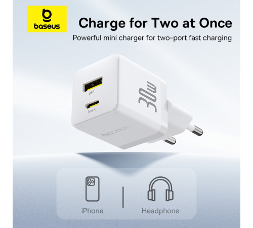 Мережевий зарядний пристрій Baseus Palm Fast Charger C+U 30W EU Moon White (P1011160A213-00)