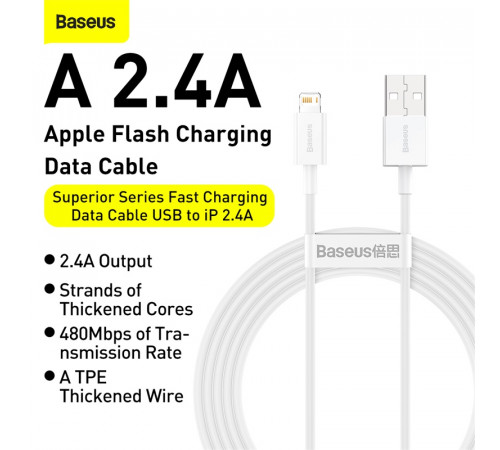 Кабель Baseus Superior Series Fast Charging Data Cable USB to iP 2.4A 0.25m White (CALYS-02)
