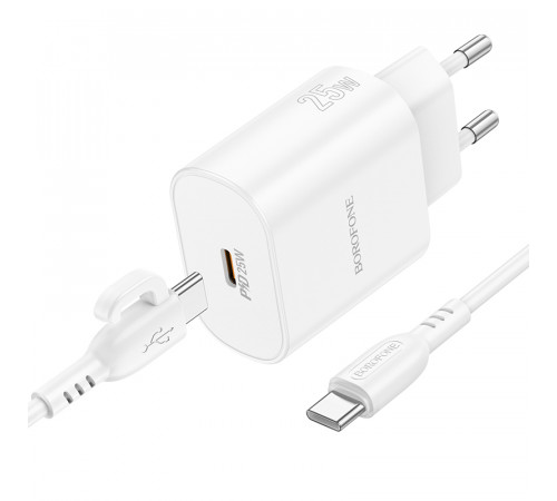 Мережевий зарядний пристрій з кабелем BOROFONE BA82A Platinum single port PD25W charger set(C to C)(EU) White (6941991112270)