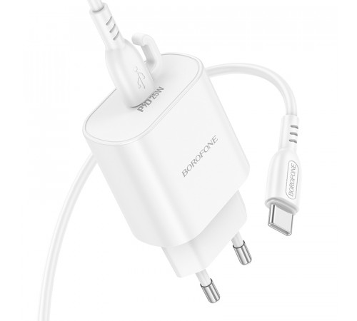 Мережевий зарядний пристрій з кабелем BOROFONE BA82A Platinum single port PD25W charger set(C to C)(EU) White (6941991112270)