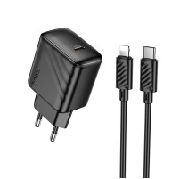 Мережевий зарядний пристрій з кабелем HOCO CS24A Puerto single-port PD25W charger set (C to iP)(EU) Black (6942007639767)