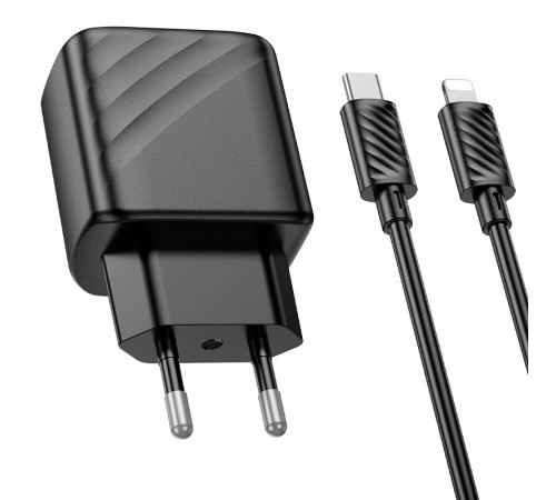 Мережевий зарядний пристрій з кабелем HOCO CS23A Sunlight dual-port PD30W+QC3.0 charger set (C to iP)(EU) Black (6942007609951)