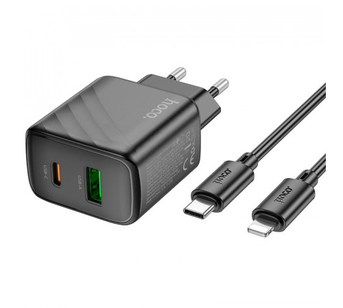 Мережевий зарядний пристрій з кабелем HOCO CS23A Sunlight dual-port PD30W+QC3.0 charger set (C to iP)(EU) Black (6942007609951)