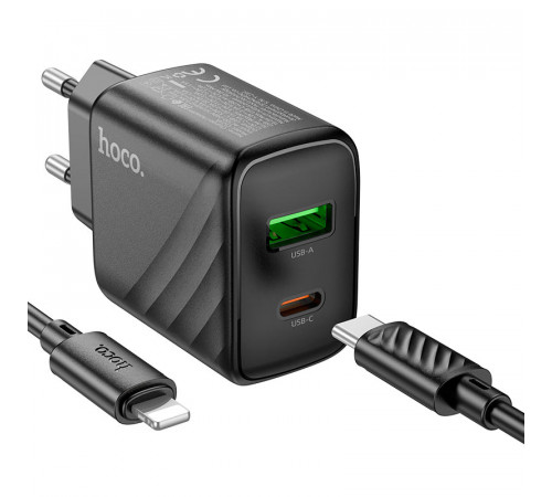 Мережевий зарядний пристрій з кабелем HOCO CS23A Sunlight dual-port PD30W+QC3.0 charger set (C to iP)(EU) Black (6942007609951)