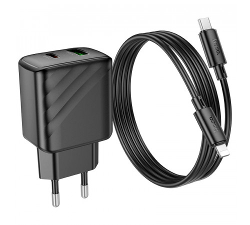 Мережевий зарядний пристрій з кабелем HOCO CS23A Sunlight dual-port PD30W+QC3.0 charger set (C to iP)(EU) Black (6942007609951)