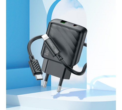 Мережевий зарядний пристрій з кабелем HOCO CS23A Sunlight dual-port PD30W+QC3.0 charger set (C to iP)(EU) Black (6942007609951)