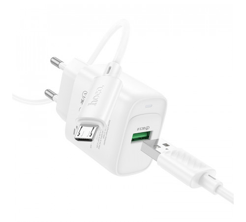 Мережевий зарядний пристрій з кабелем HOCO C140A Smart single port QC3.0 charger set (Micro)(EU) White (6942007627818)