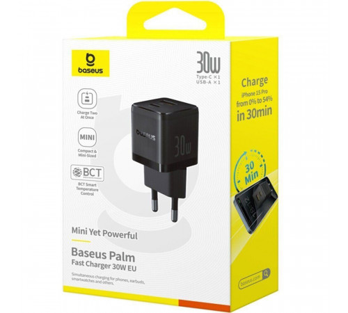 Мережевий зарядний пристрій Baseus Palm Fast Charger C+U 30W EU Cluster Black (P1011160A113-00)