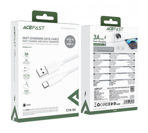 Кабель ACEFAST C18-04 USB-A to USB-C braid charging data cable White (6974316284260)