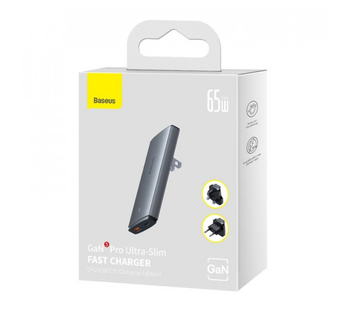 Мережевий зарядний пристрій з  кабелем Baseus GaN5 Pro Ultra-Slim Fast Charger C+U 65W Gray((With Mini White Cable C to C 100W(20V/5A) 1m Black) (CCGP150113)