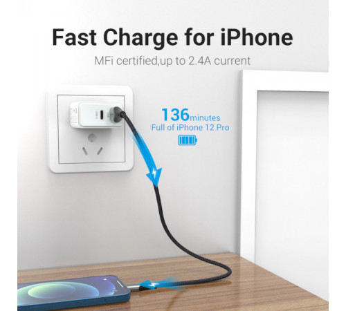 Кабель Vention USB 2.0 A to Lightning Cable 2M Gray Aluminum Alloy Type (LABHH) (LABHH)