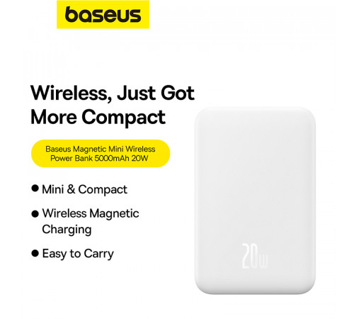 Зовнішній акумулятор Baseus Magnetic Mini Wireless Fast Charge Power Bank 5000mAh 20W Stellar White（With Simple Series Charging Cable Type-C to Typ (P10022107223-00)