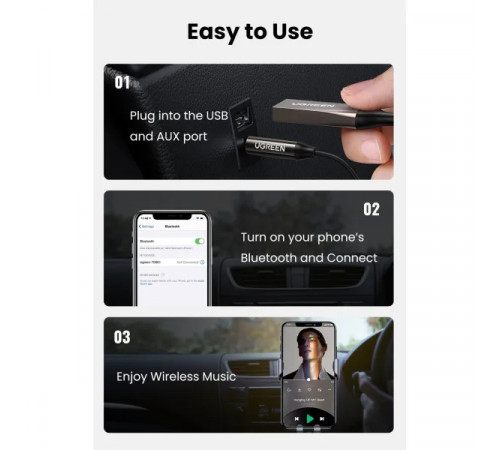 Bluetooth-ресивер UGREEN CM309 Bluetooth Car Receiver Aux with Mic Space Gray (UGR-70601)