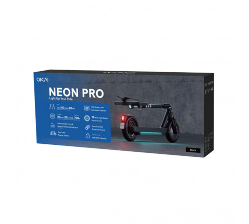 Електросамокат OKAI ES30-NEON PRO Black 10", 350(700)W, 14.7Ah, 80km, 25km\h, 25%, NFC, App, 21kg (ES30-B)