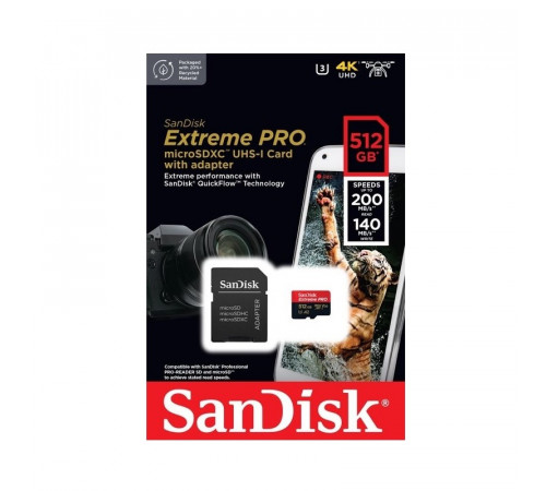 Карта пам'яті microSDXC (UHS-1 U3) SanDisk Extreme Pro A2 512Gb class 10 V30 (R200MB/s,W140MB/s) (adapter) (SDSQXCD-512G-GN6MA)
