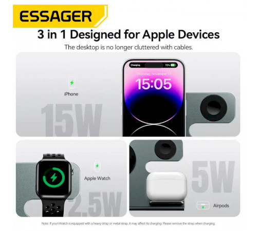 Бездротовий мультизарядний пристрій Essager  Ruicheng desktop magnetic suction 15W (3 in 1)  black (EWXZM-RC0G-Z)