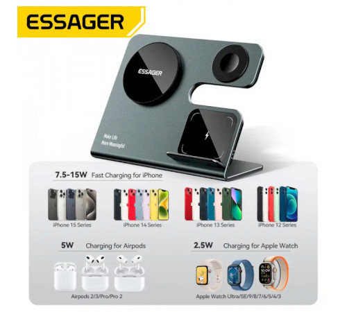 Бездротовий мультизарядний пристрій Essager  Ruicheng desktop magnetic suction 15W (3 in 1)  black (EWXZM-RC0G-Z)