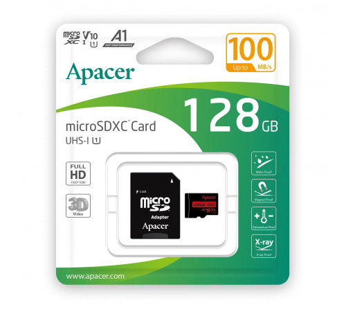 Карта пам'яті microSDXC (UHS-1) Apacer 128Gb class 10 V10 A1 R100MB/s (adapter SD) (AP128GMCSX10UB-R)