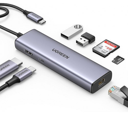 USB-хаб UGREEN CM512 USB-C to 2*USB3.0+HDMI+RJ45+SD&TF +PD port Converter (UGR-90568)