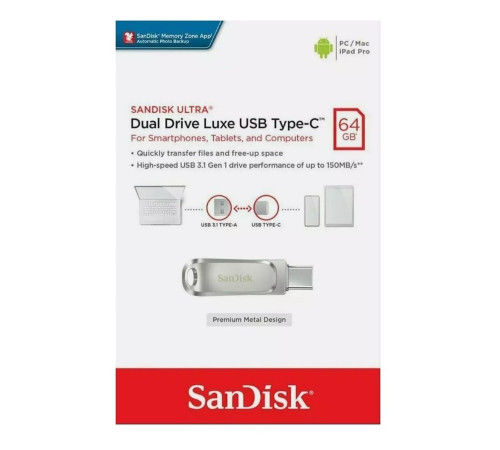 Флеш-накопичувач SanDisk USB 3.1 Ultra Dual Luxe Type-C 64Gb (150 Mb/s) (SDDDC4-064G-G46)