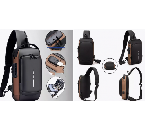 Нагрудна сумка з протиугінним замком з паролем Backpack чорний сірий ВЕЛИКА XL-1515(100