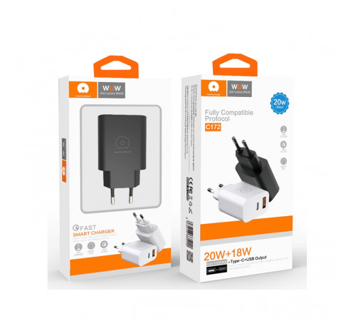 Мережевий зарядний пристрій WUW-C172 20W PD USB-C + USB QC3.0 18W black (6972573335381)