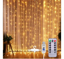 4543- код   2025годШТОРА Гирлянда  ТЕПЛАЯ  300л 3*3 юсю+пульт      79-30    (100)