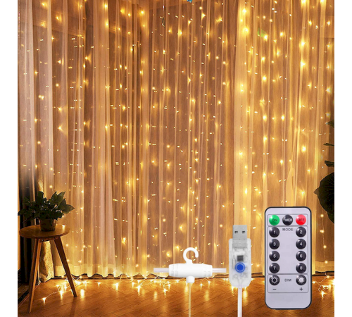 4543- код   2025годШТОРА Гирлянда  ТЕПЛАЯ  300л 3*3 юсю+пульт      79-30    (100)