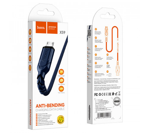 Кабель HOCO X59 USB to Micro 2.4A, 1m, nylon, TPE connectors, Blue (6931474744913)