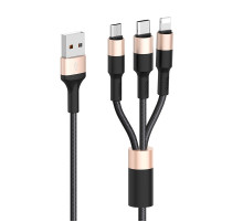 Кабель HOCO X26 USB to iP+Type-C+Micro 2A, 1m, nylon, aluminum connectors Black+Gold (6957531080275)