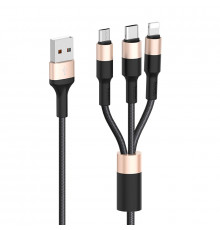 Кабель HOCO X26 USB to iP+Type-C+Micro 2A, 1m, nylon, алюминиевые напряжение Black+Gold (6957531080275)