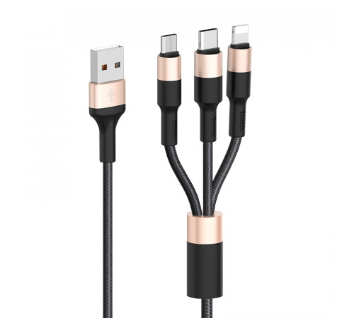 Кабель HOCO X26 USB to iP+Type-C+Micro 2A, 1m, nylon, aluminum connectors Black+Gold (6957531080275)