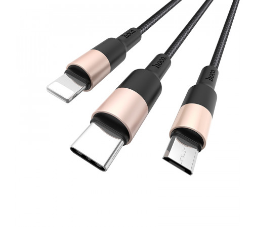 Кабель HOCO X26 USB to iP+Type-C+Micro 2A, 1m, nylon, aluminum connectors Black+Gold (6957531080275)