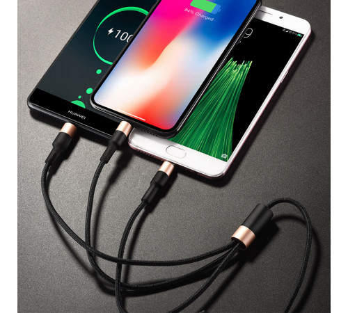 Кабель HOCO X26 USB to iP+Type-C+Micro 2A, 1m, nylon, aluminum connectors Black+Gold (6957531080275)