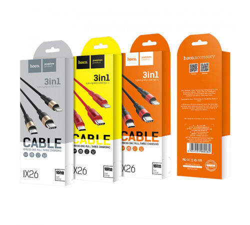 Кабель HOCO X26 USB to iP+Type-C+Micro 2A, 1m, nylon, aluminum connectors Black+Gold (6957531080275)