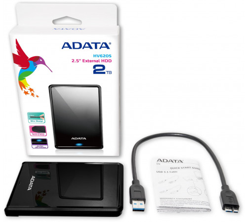 Зовнішній жорсткий диск PHD External 2.5'' ADATA USB 3.2 Gen. 1 DashDrive Classic HV620S 2TB Slim Black (AHV620S-2TU31-CBK)