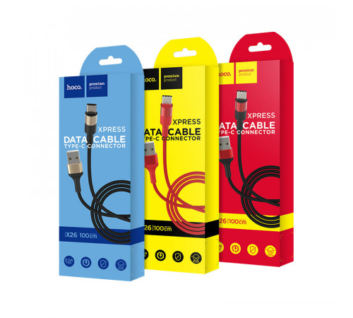 Кабель HOCO X26 USB to Type-C 2A, 18W 1m, nylon,  aluminum connectors, Black+Red (6957531080251)