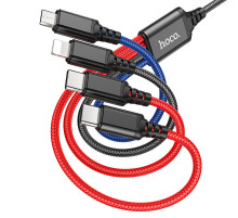 Кабель HOCO X76 USB to iP+Type-C+Type-C+Micro 2A, 1m, nylon, aluminum connectors Black+Red+Blue (6931474768650)