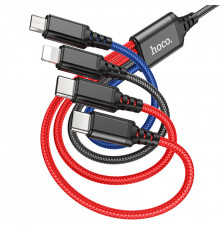 Кабель HOCO X76 USB to iP+Type-C+Type-C+Micro 2A, 1m, nylon, алюминиевые подключения Black+Red+Blue (6931474768650)