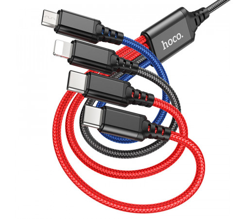 Кабель HOCO X76 USB to iP+Type-C+Type-C+Micro 2A, 1m, nylon, aluminum connectors Black+Red+Blue (6931474768650)