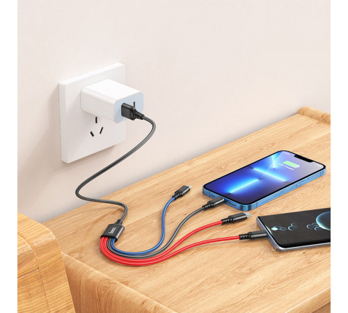 Кабель HOCO X76 USB to iP+Type-C+Type-C+Micro 2A, 1m, nylon, aluminum connectors Black+Red+Blue (6931474768650)